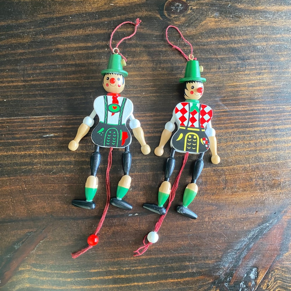 Vintage E. Pfaff German Wooden Jumping Jack Ornaments Set of 2 Lederhosen Boys